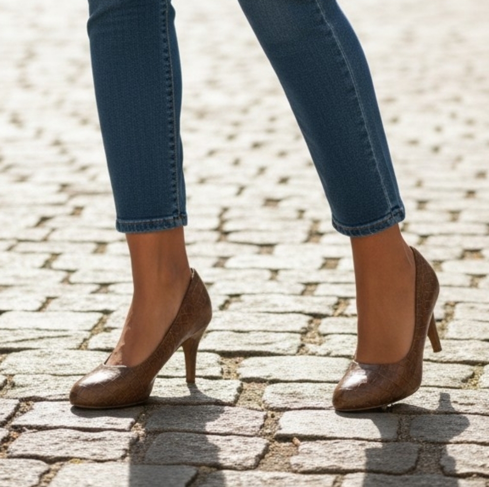 Comfort Plus by Predictions Brown Crocodile Textured Heels